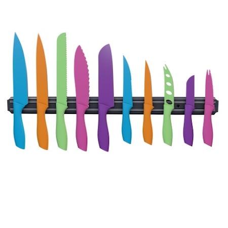HASTINGS HOME Hastings Home Colorful 10-Piece Knife Set- Magnetic Bar Storage- Stainless-Steel Blades 253775SWZ